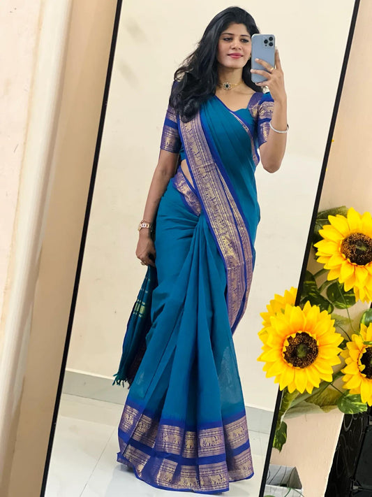💙 Kanchi Cotton Peacock Blue Saree with Blue Border – Retta Pettu