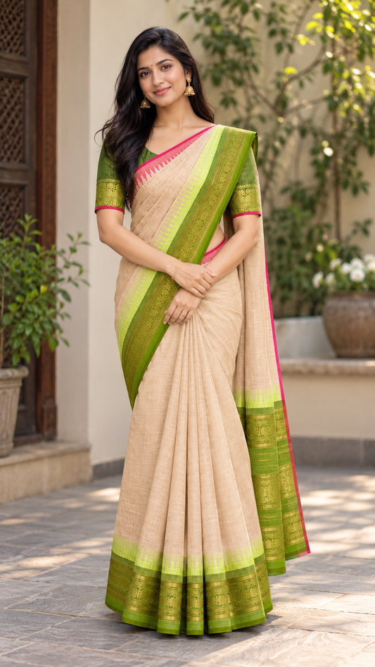 Kanchi Cotton Saree Light Cream Ganga-Jamuna Border | TLL371