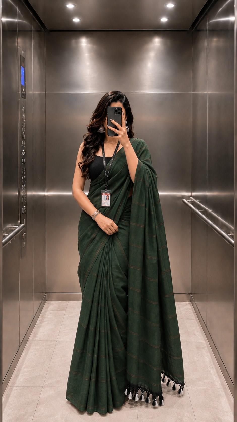 Dark Green Khadi Cotton Saree | TLL221