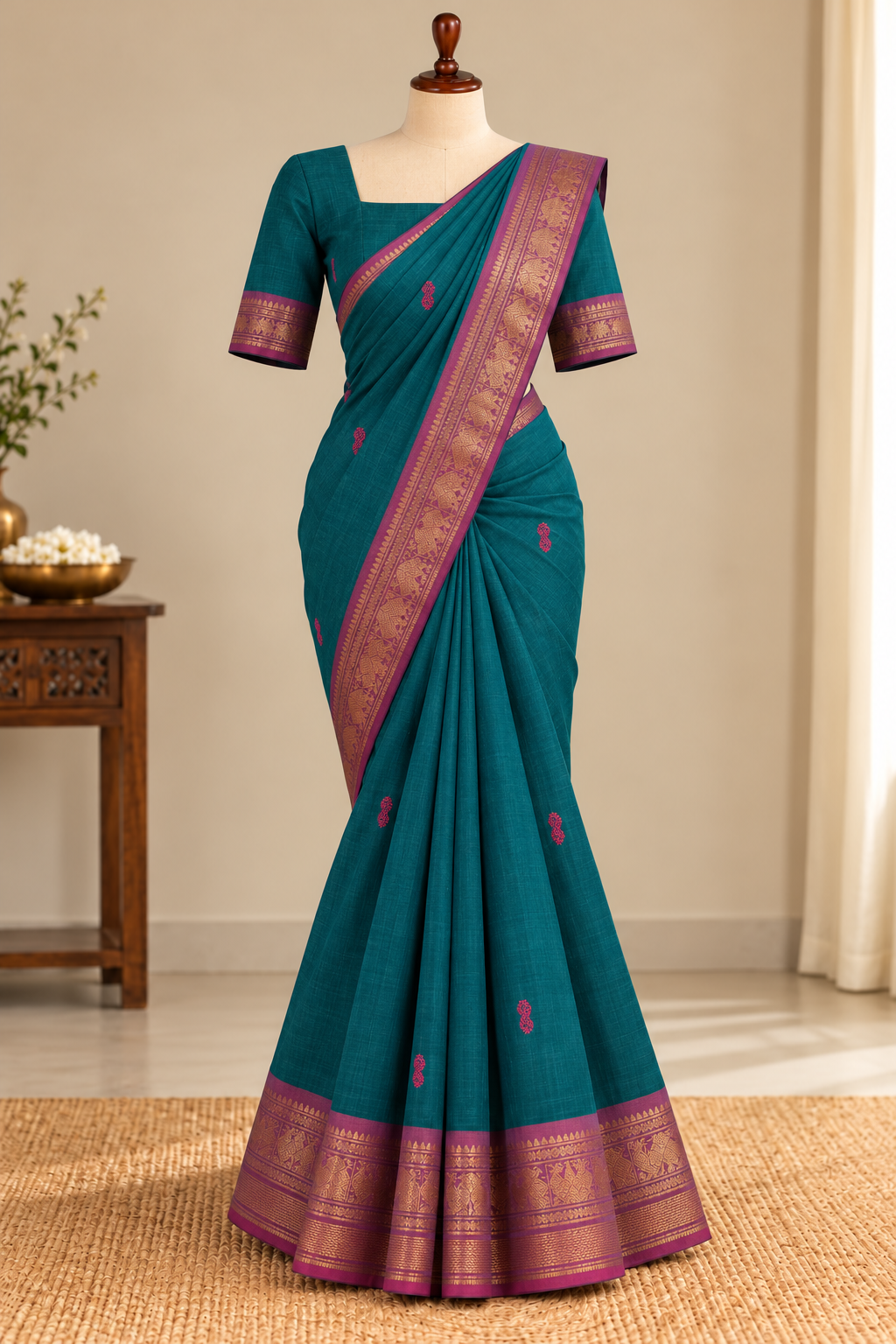 Kanchi Cotton Saree Teal Green | TLL706
