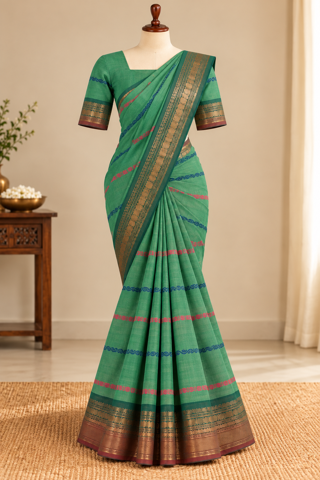 Kanchi Cotton Saree Velthari Leaf Green | TLL701