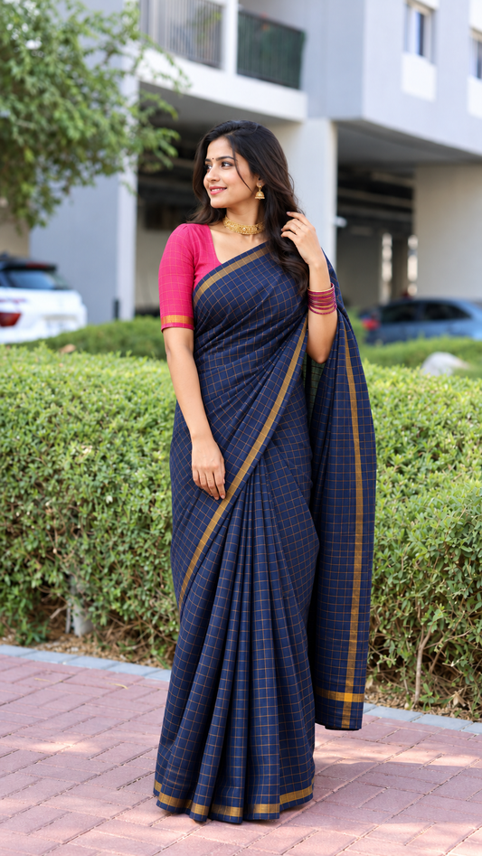 Golden Checked Navy Blue Sungudi Saree Simple Border | TLL686