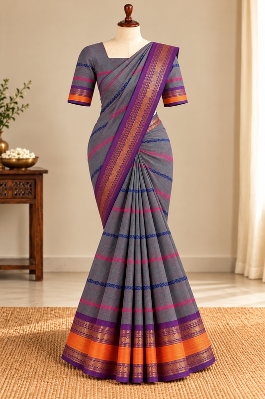 Kanchi Cotton Saree Velthari Greyish-Purple | TLL697