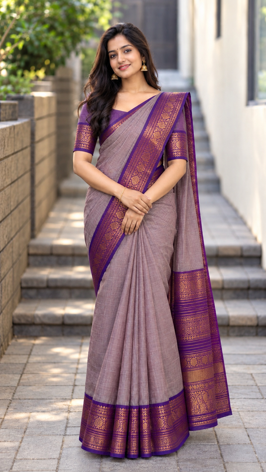 Kanchi Cotton Saree Greyish-Purple | TLL366