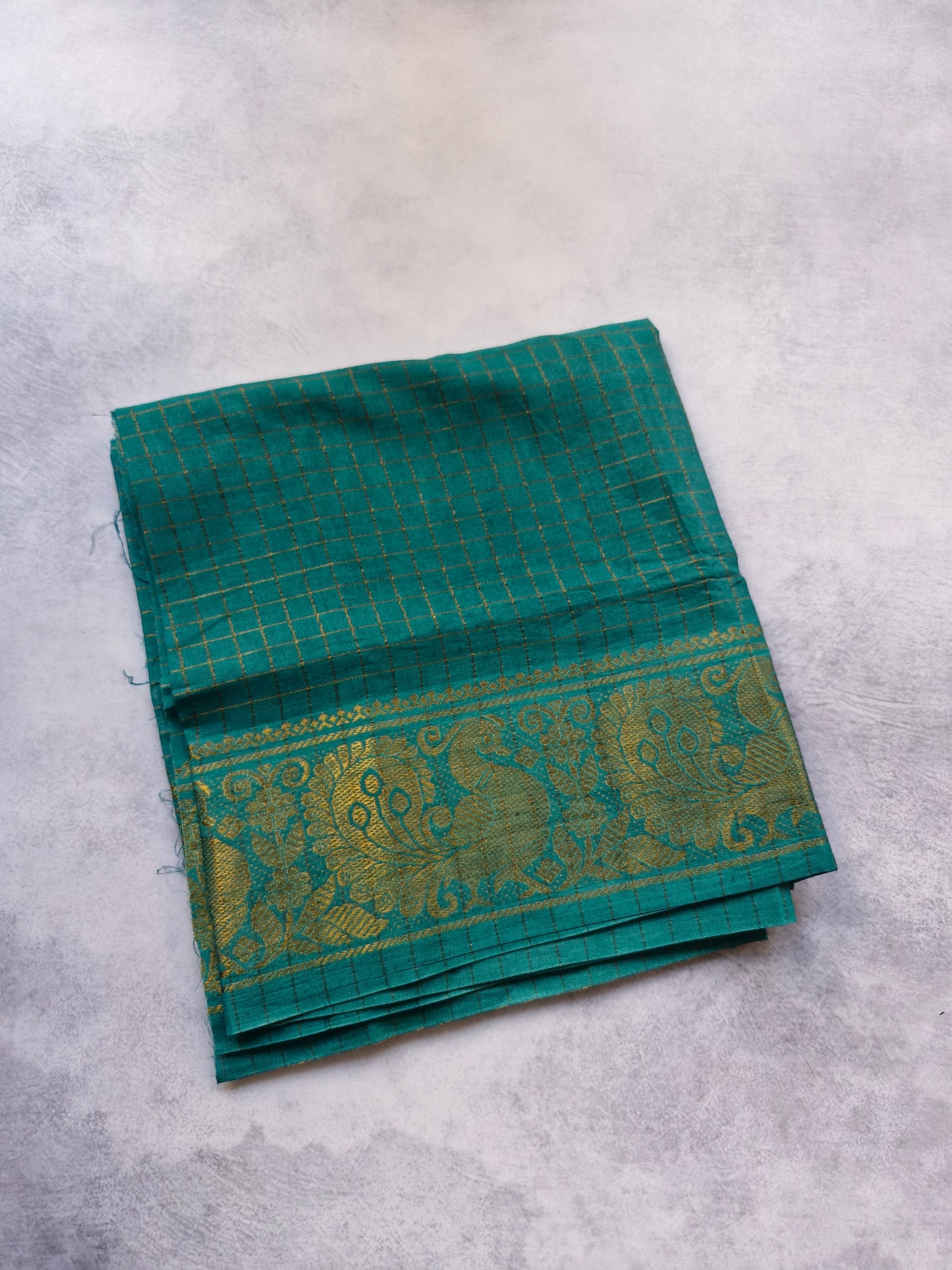 Golden zari checked  Teal Blouse border, and Light Brown sungudi saree