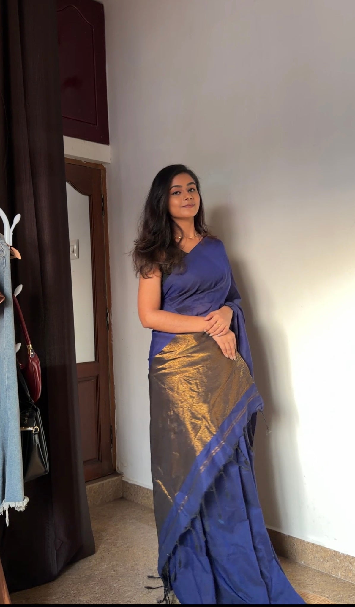 Premium Pure Mulmul Navy Blue Saree with Golden Zari | TLL165