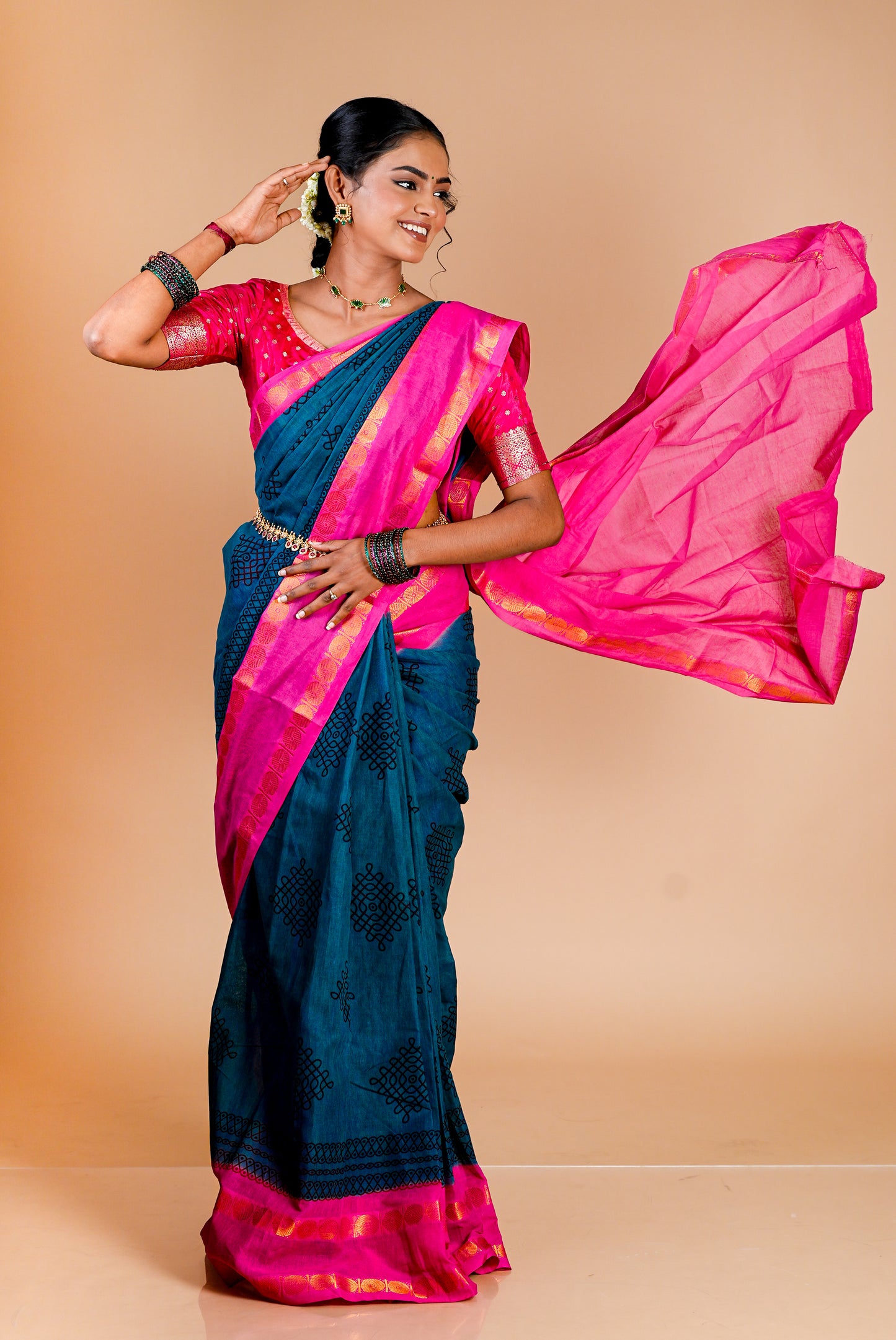 Kolam Printed Saree | Pink border