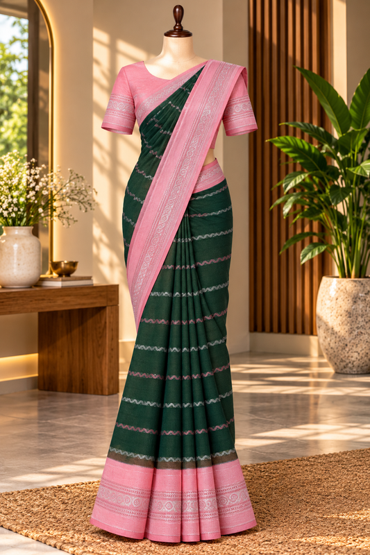 Sungudi Cotton Saree Dark Green With Baby Pink Border | TLL675