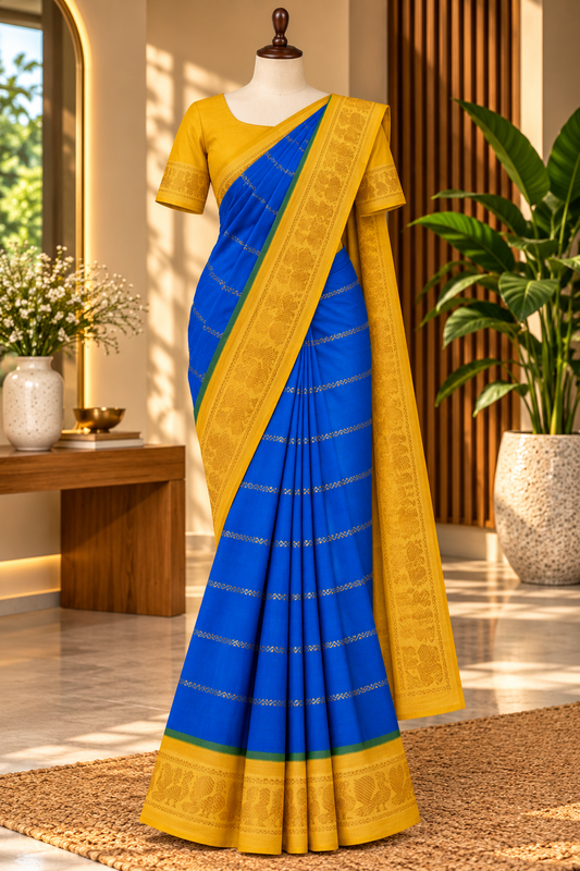 Sungudi Cotton Saree – Ink Blue with Lemon Yellow Velthari Small Border | TLL067