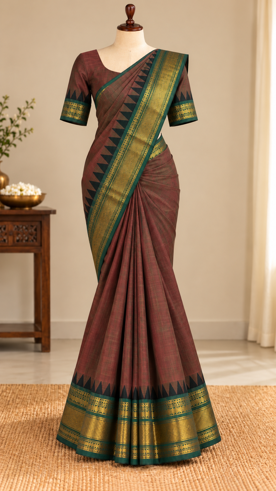 Kanchi Cotton Saree Reddish-Green | TLL344