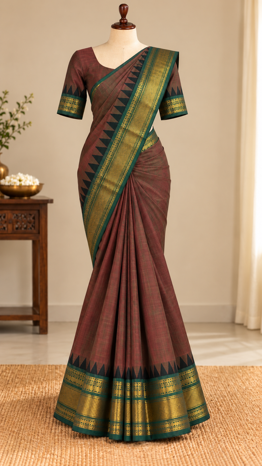 Kanchi Cotton Saree Reddish-Green | TLL344