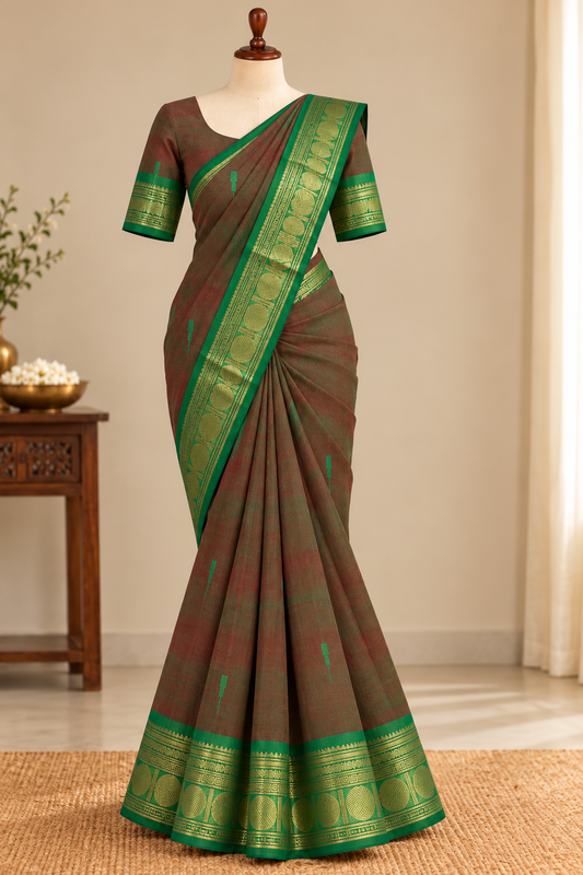 Kanchi Corn Saree Reddish-Brown with Green | TLL652