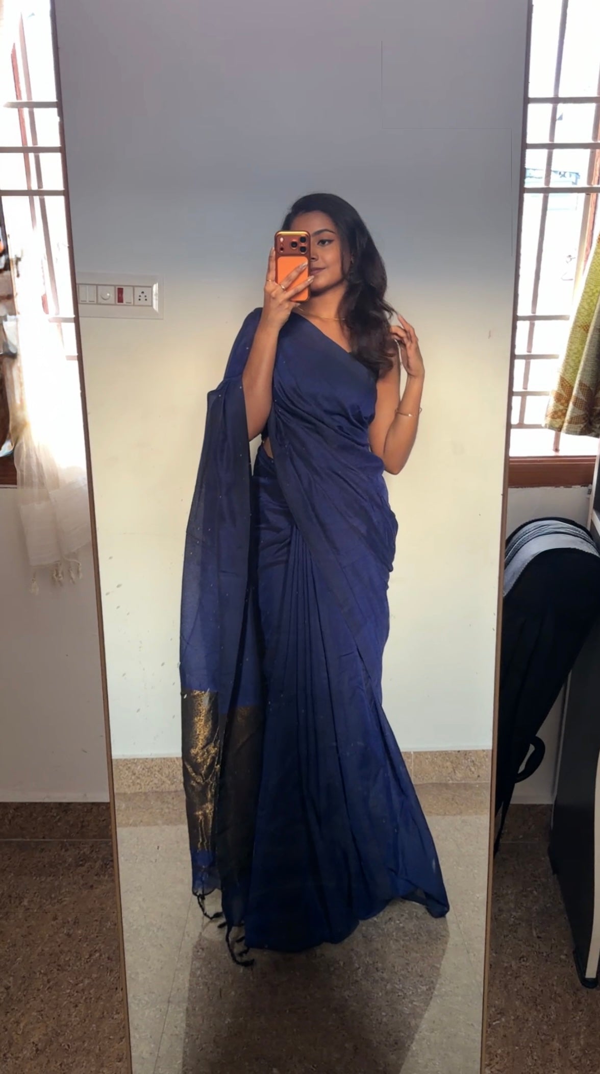 Premium Pure Mulmul Navy Blue Saree with Golden Zari | TLL165