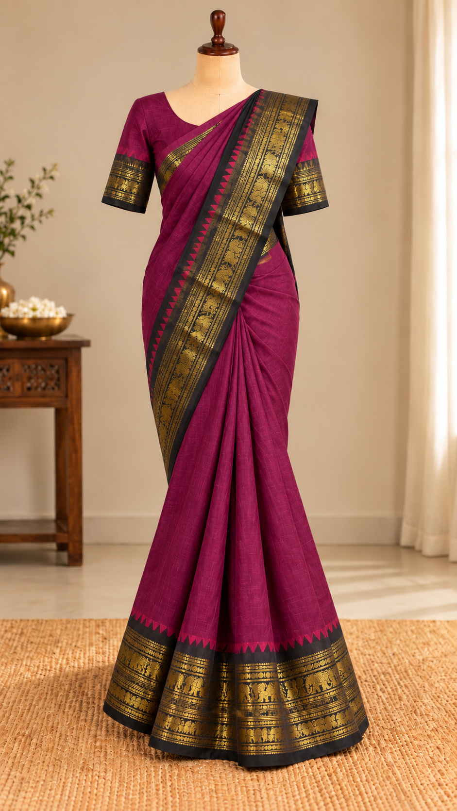 Kanchi Cotton Saree Magenta with Black | TLL669