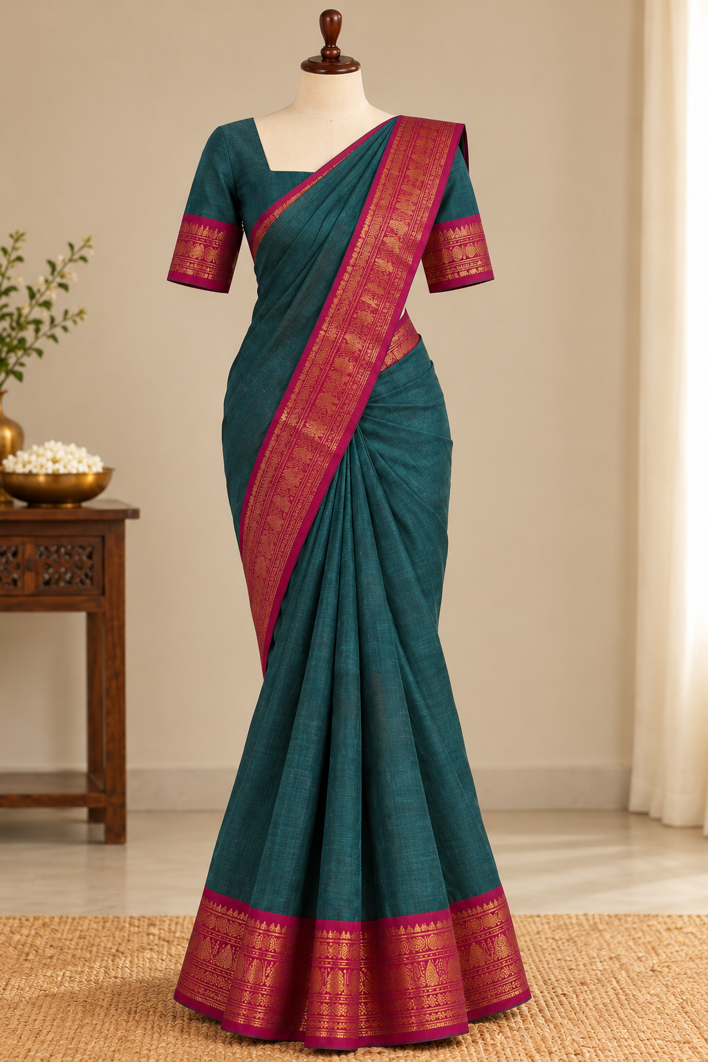 Kanchi Cotton Saree Teal Green | TLL691