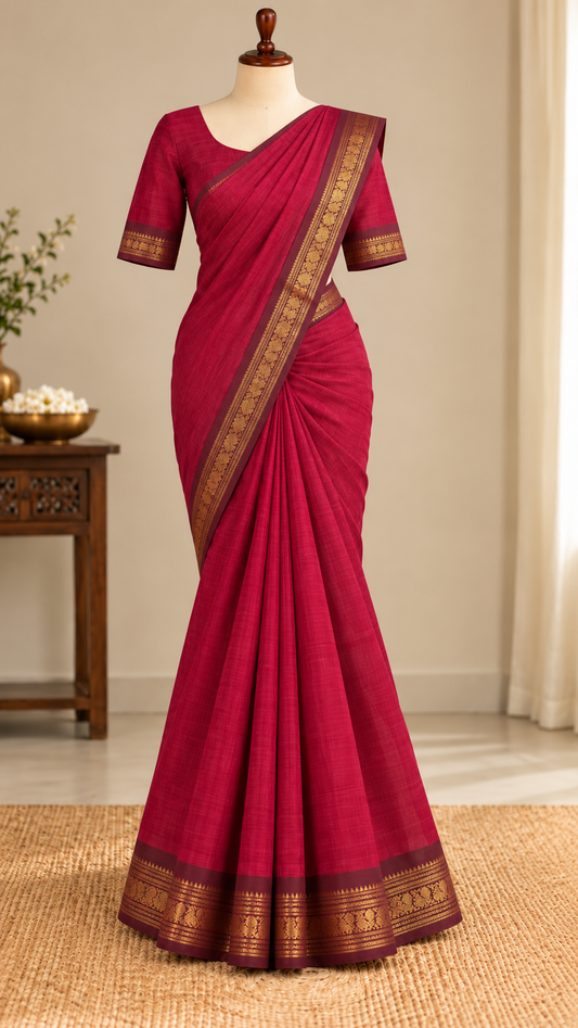 Kanchi Cotton Saree Pinkish-Red |TLL342