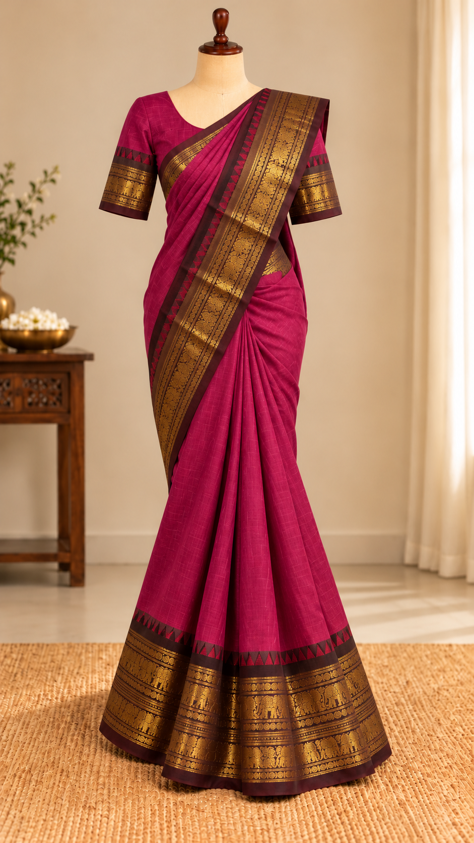 Kanchi Cotton Saree Magenta with Maroon Border | TLL667