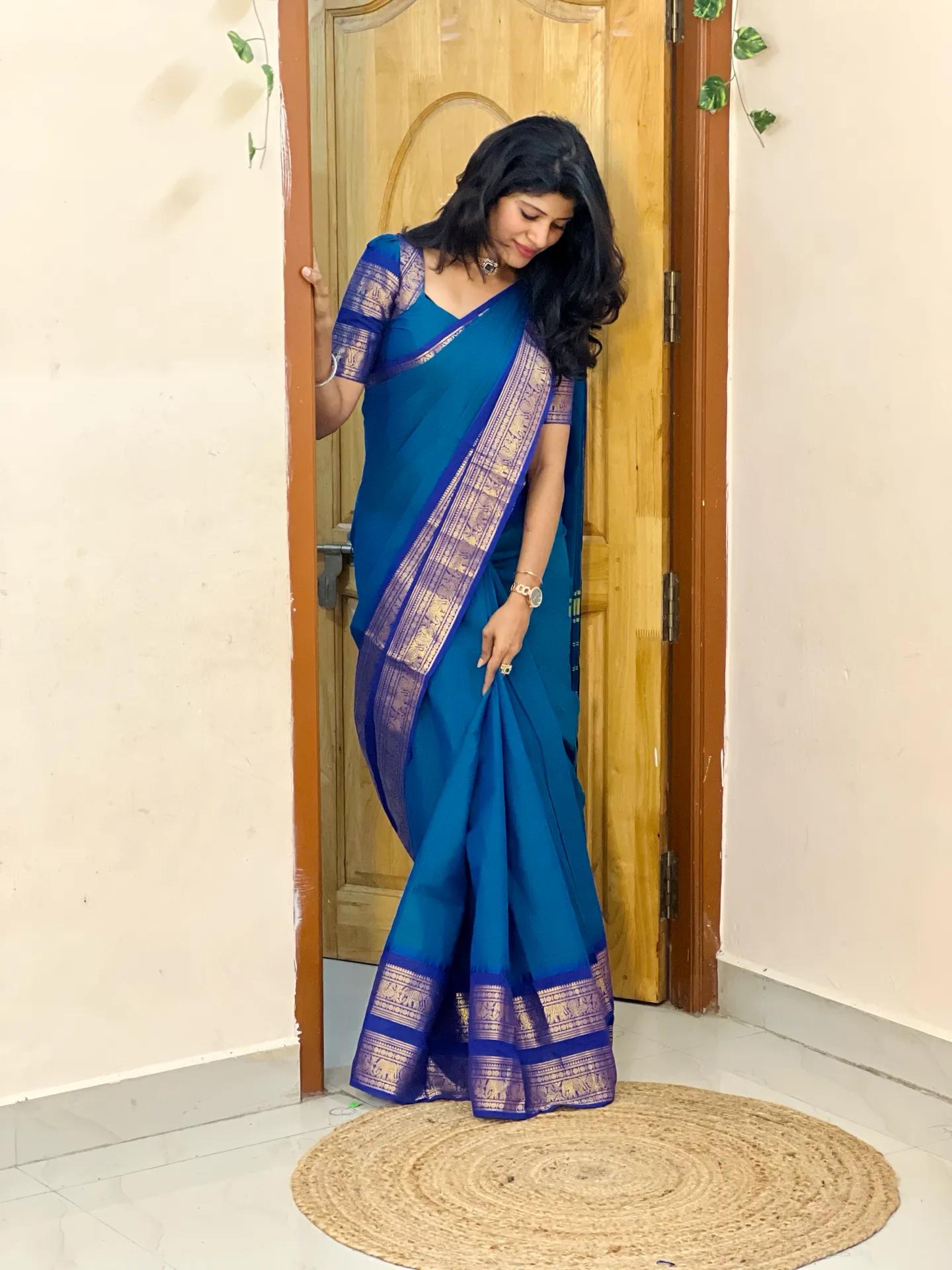💙 Kanchi Cotton Peacock Blue Saree with Blue Border – Retta Pettu