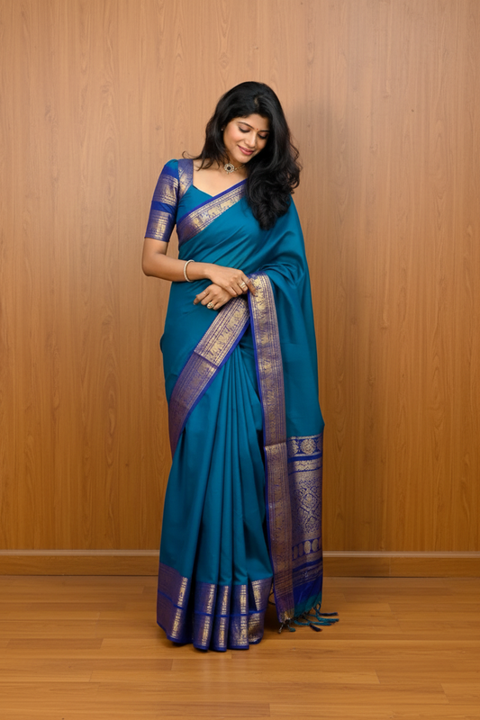 💙 Kanchi Cotton Peacock Blue Saree with Blue Border – Retta Pettu | TLL167