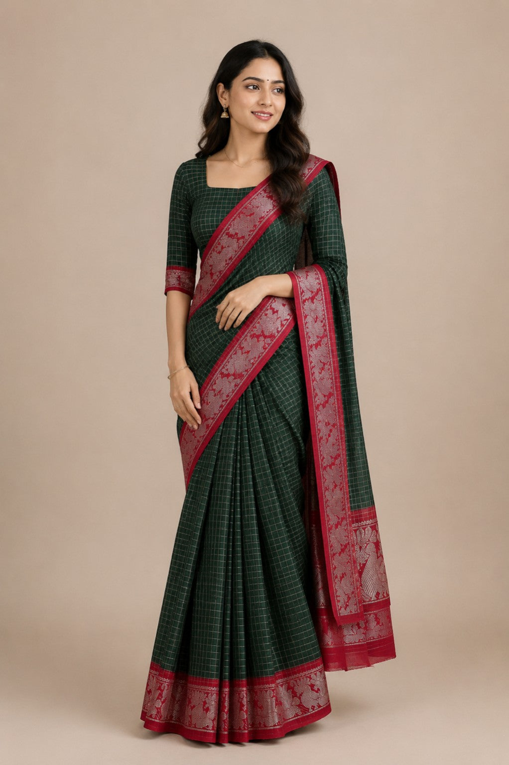 Sungudi Saree Silver Zari Checked bottle green saree with red border | TLL054