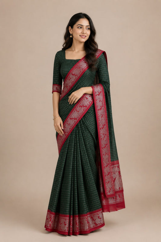 Sungudi Saree Silver Zari Checked bottle green saree with red border | TLL054