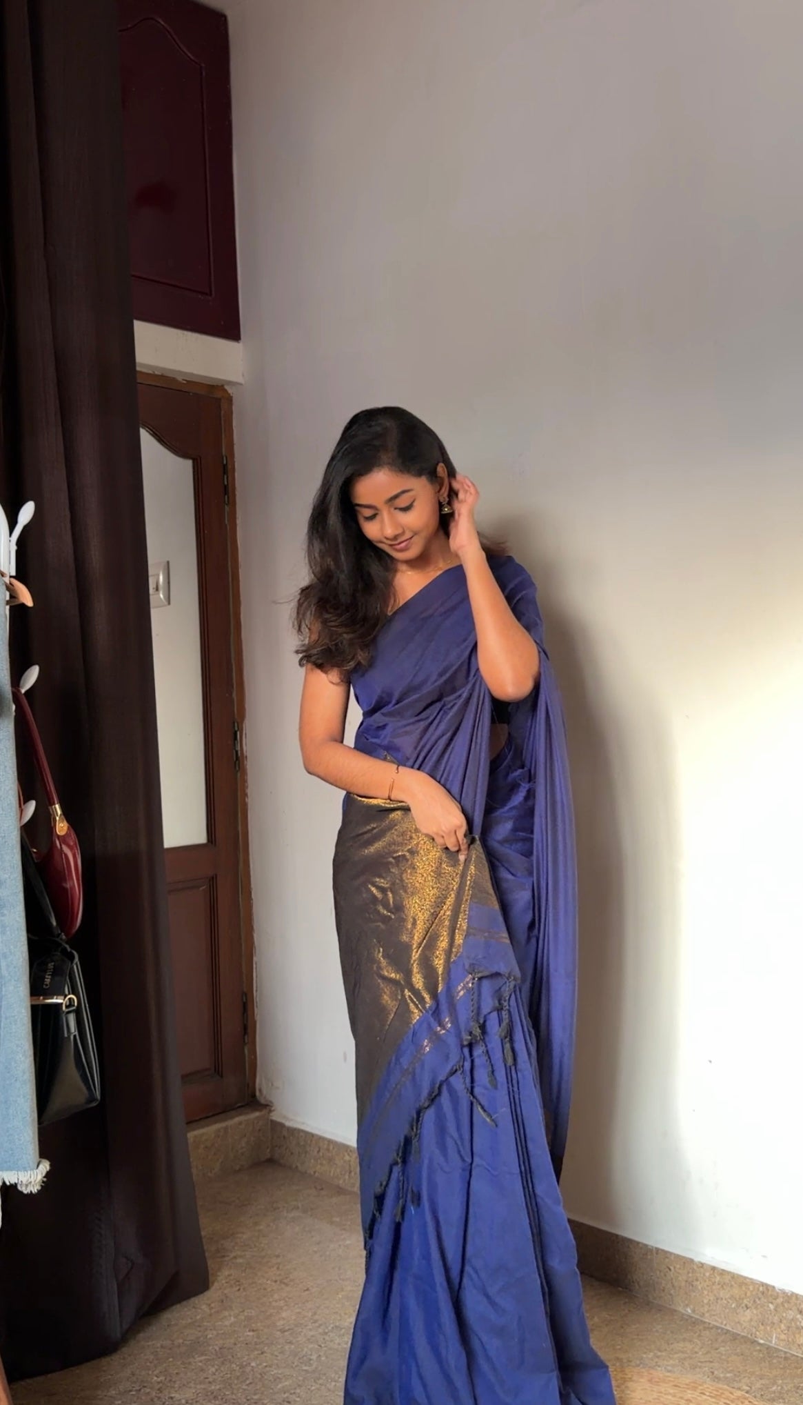 Premium Pure Mulmul Navy Blue Saree with Golden Zari | TLL165