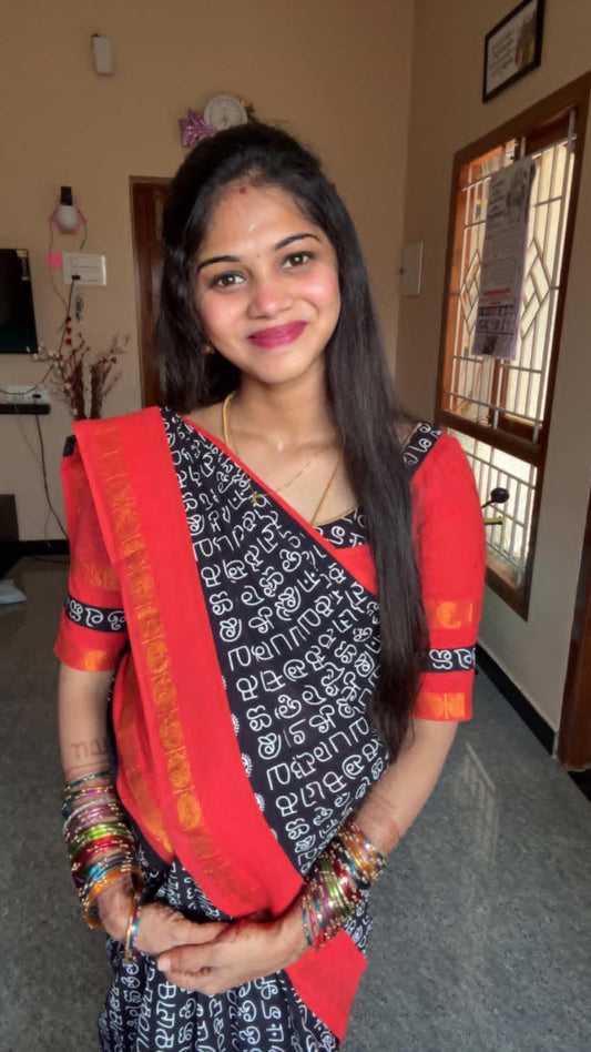 Tamil Printed Sungudi | Black and Red border