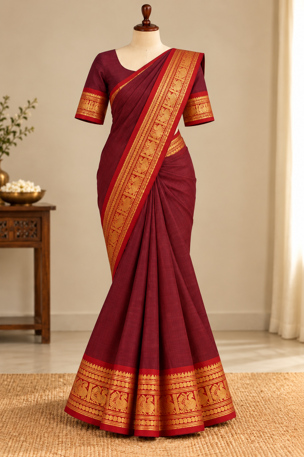 Maroon Kanchi Cotton Saree with pink Annam Border  | The Laya Looms | TLL082