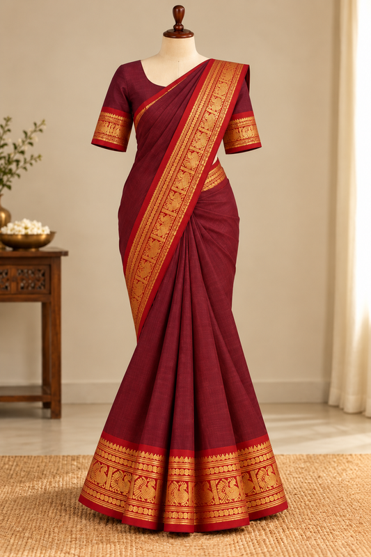 Maroon Kanchi Cotton Saree with pink Annam Border  | The Laya Looms | TLL082