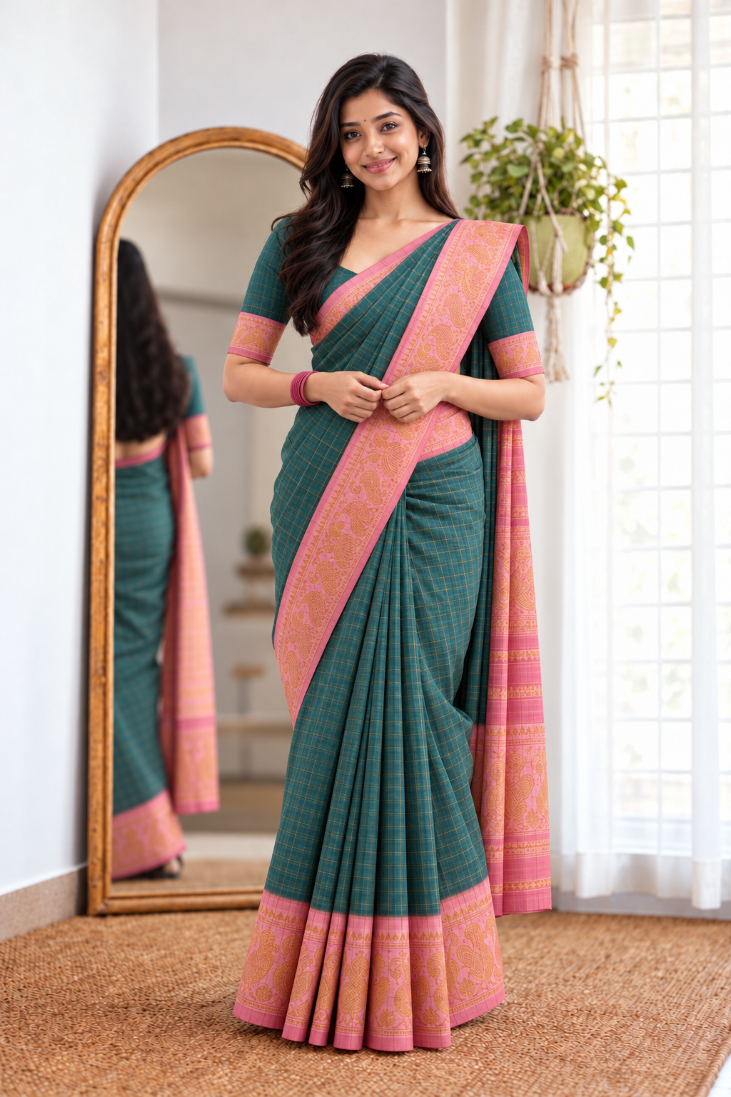 Golden Checked Sungudi Cotton Saree Greyish-Green | TLL375