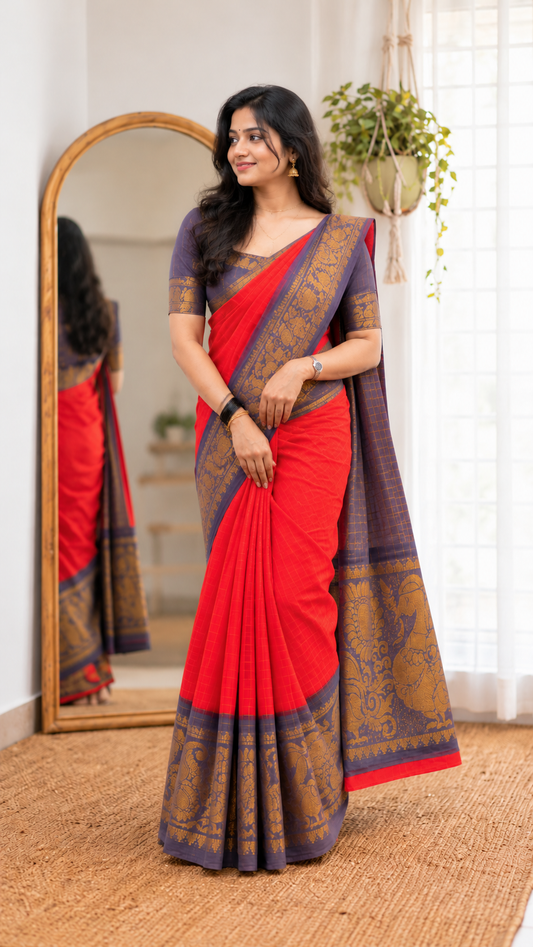 Big Border Sungudi Saree Red  | TLL101