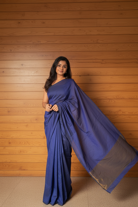 Premium Pure Mulmul Navy Blue Saree with Golden Zari | TLL165
