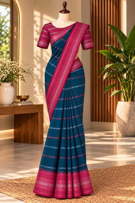 Sungudi Cotton Saree Bluish-Green with Magenta Border | TLL677
