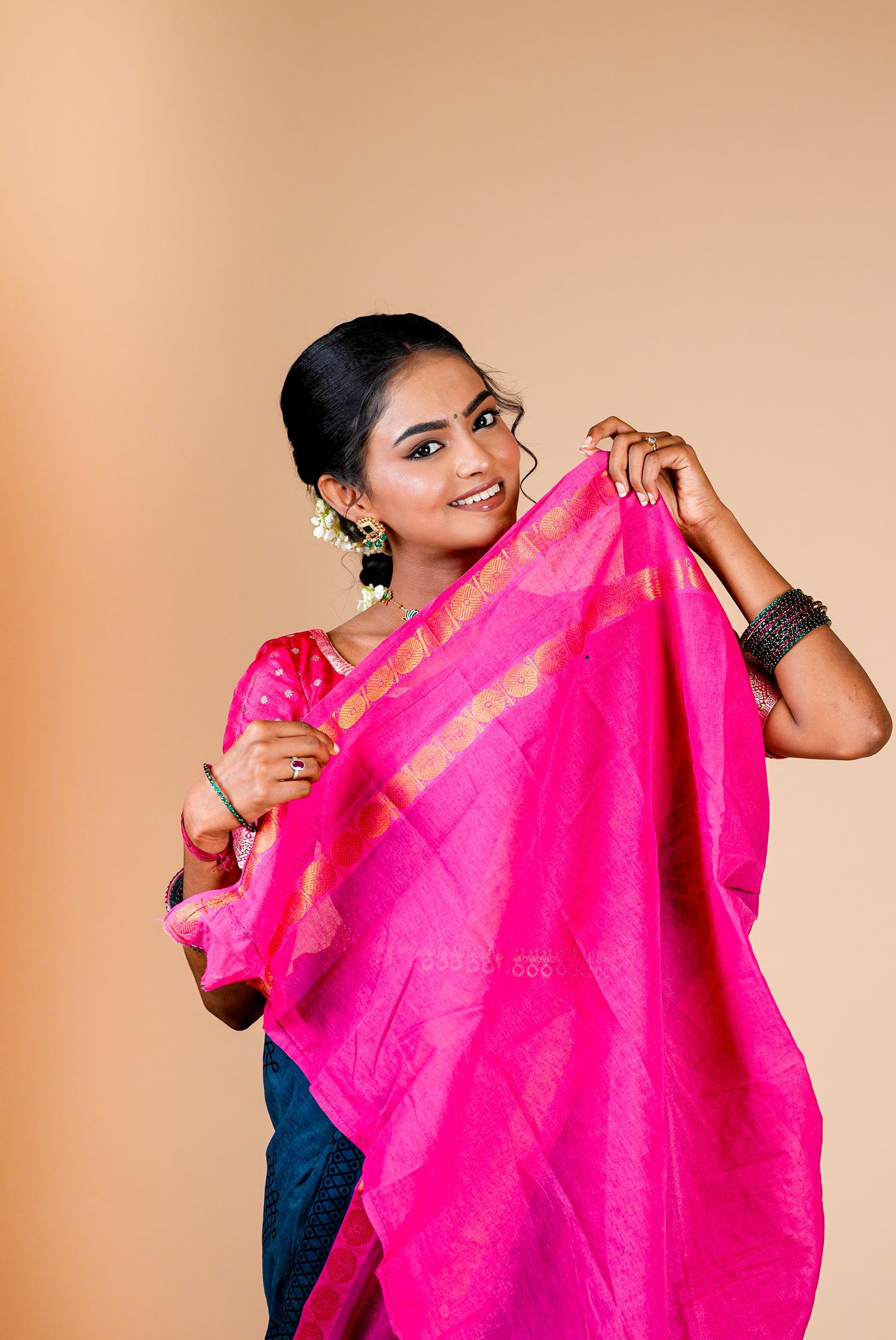 Kolam Printed Saree | Pink border