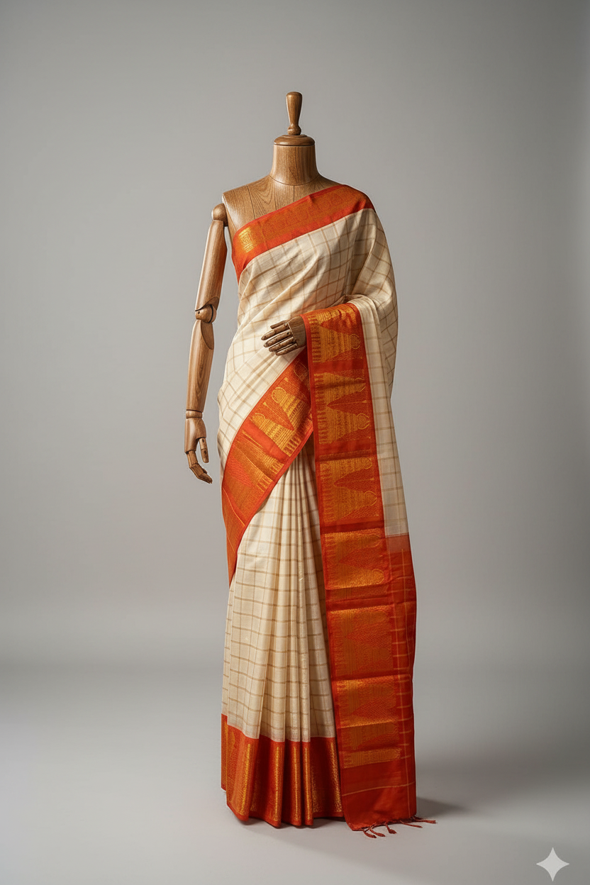 Big Border Temple Border Sungudi Saree White | White Colour Orange Border | TLL195