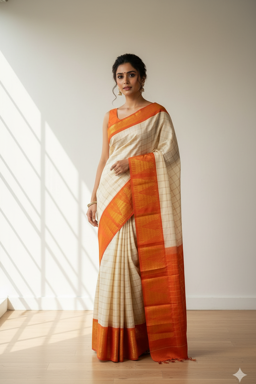 Orange and white saree on a mannequin against a wooden paneled wall.