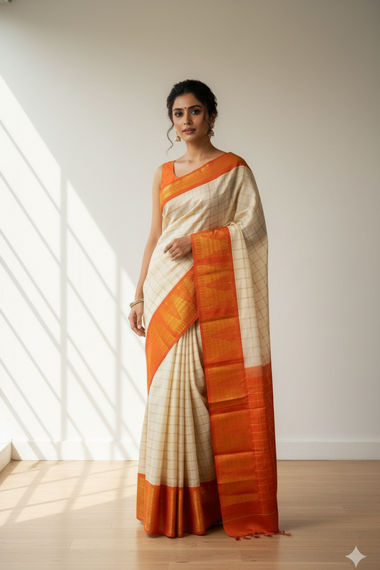 Orange and white saree on a mannequin against a wooden paneled wall.