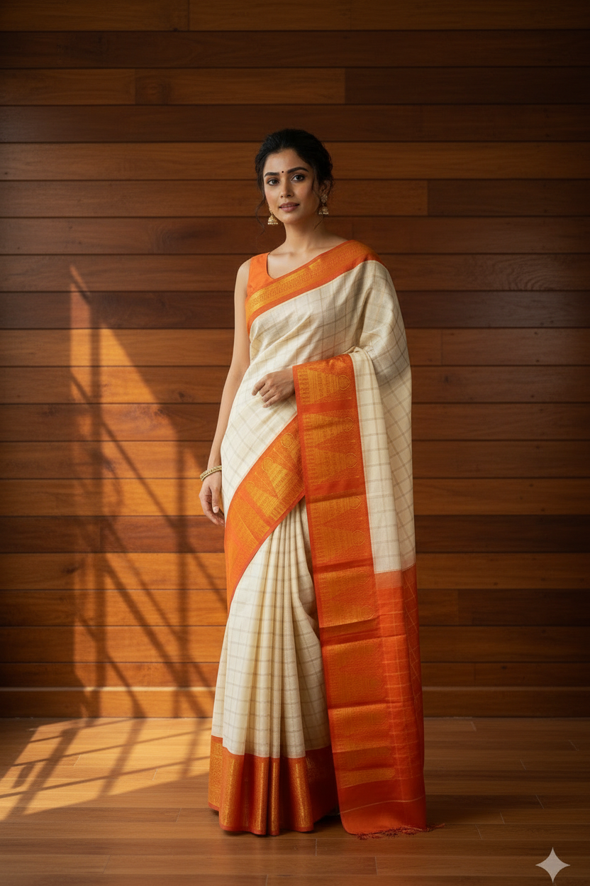 Big Border Temple Border Sungudi Saree White | White Colour Orange Border | TLL195