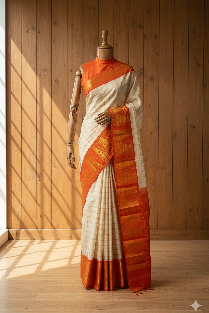 Big Border Temple Border Sungudi Saree White | White Colour Orange Border | TLL195