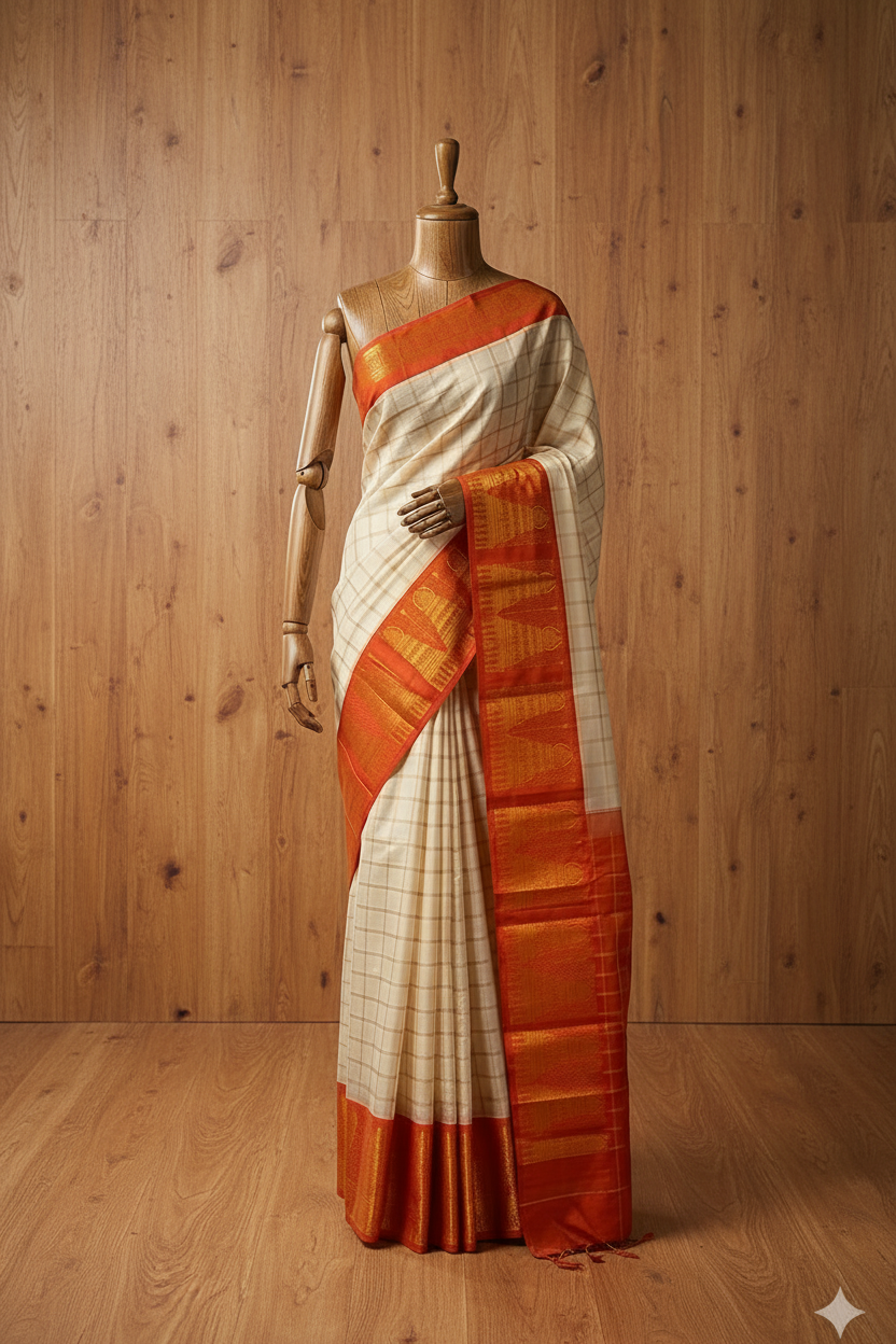 Big Border Temple Border Sungudi Saree White | White Colour Orange Border | TLL195