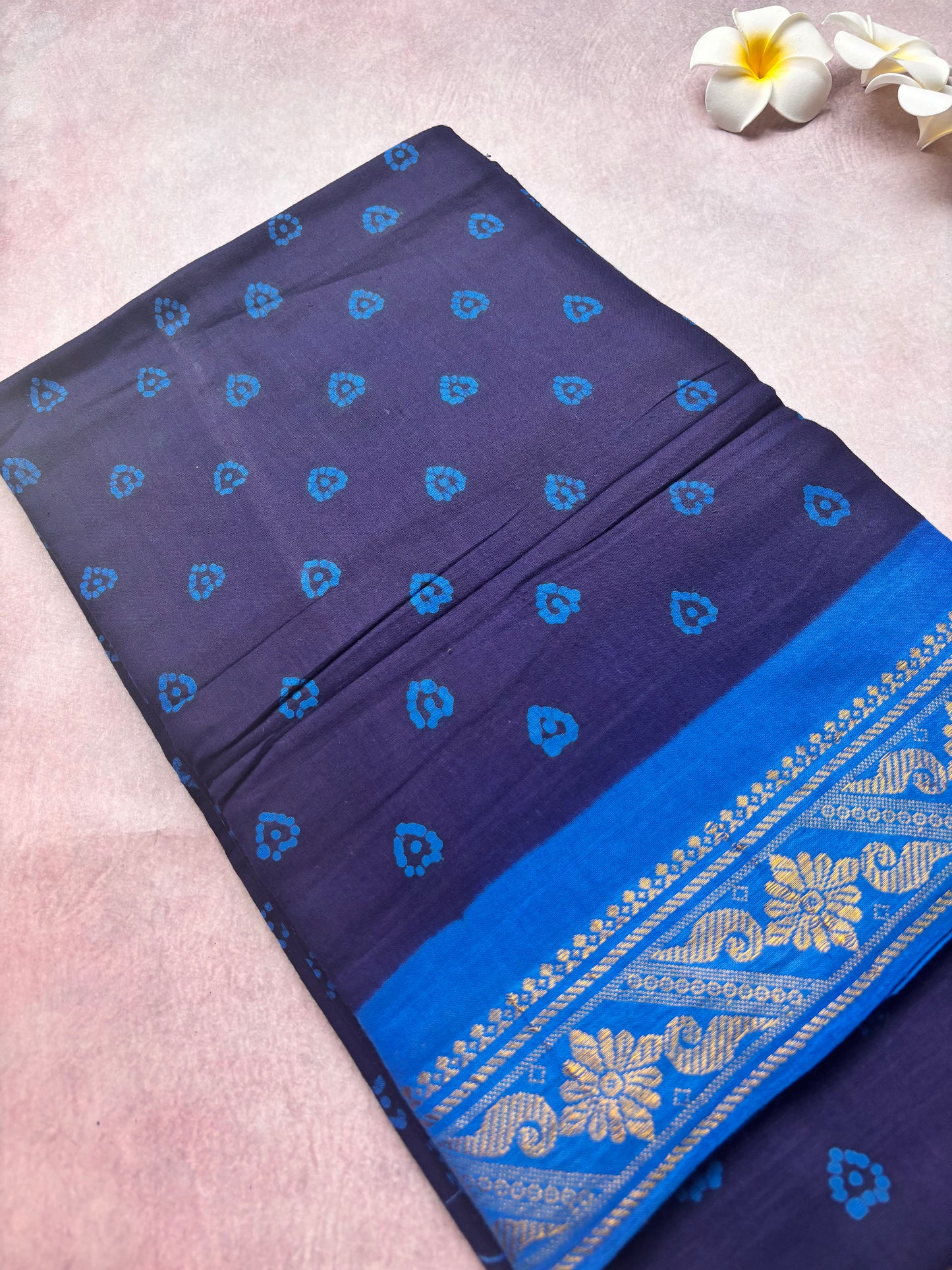 Authentic Soft Sungudi Cotton Saree – Blue with Heart Motifs & Blue Border