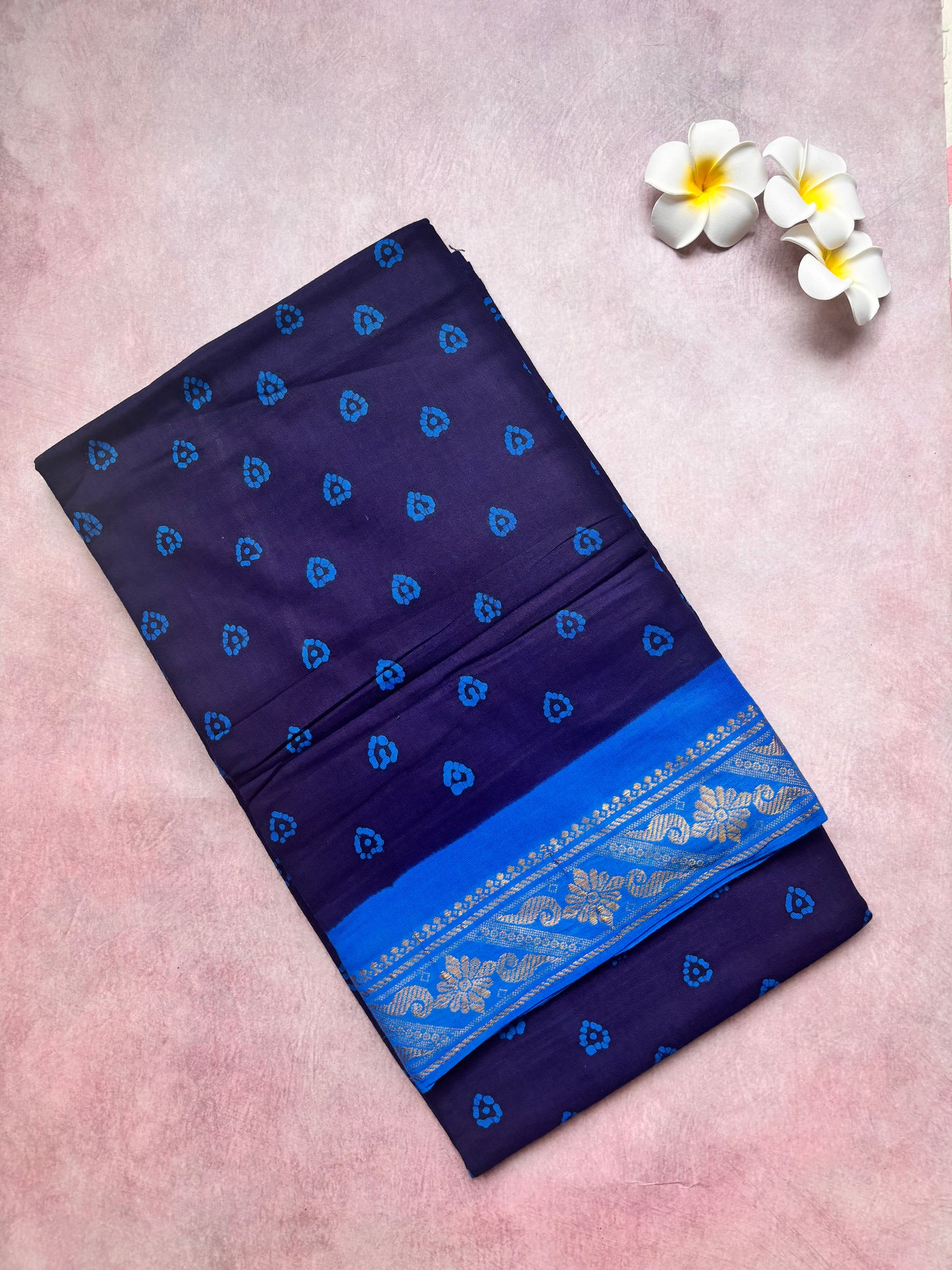 Authentic Soft Sungudi Cotton Saree – Blue with Heart Motifs & Blue Border