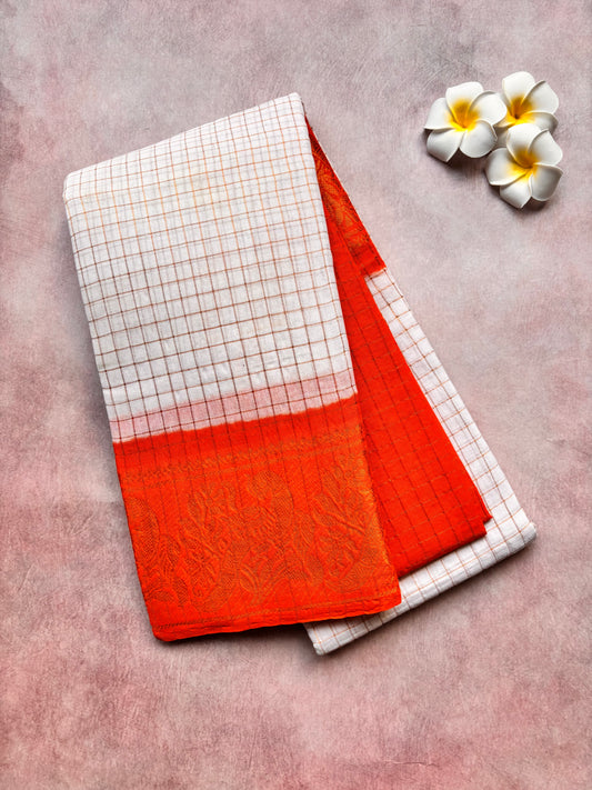 White Checked Sungudi Cotton Saree with Orange Border