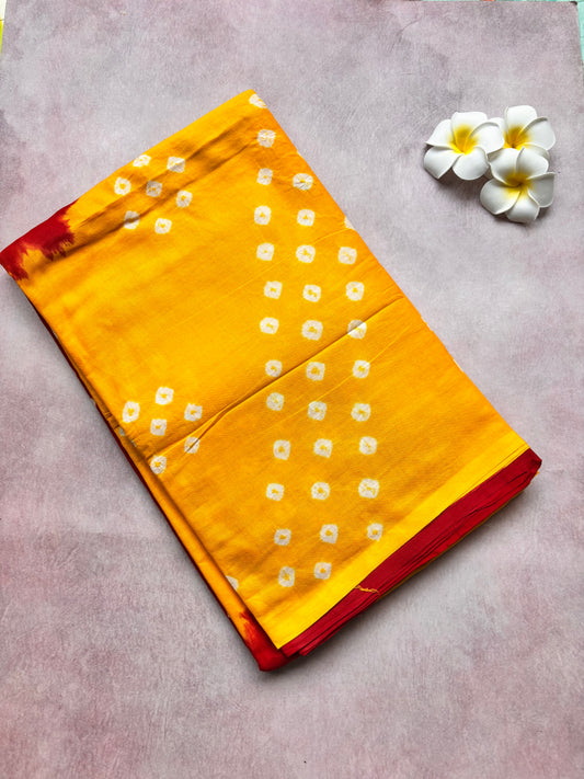 Mango Yellow with Bright Red Hand-Knotted Bhandhini Cotton Saree – Borderless (With Blouse)