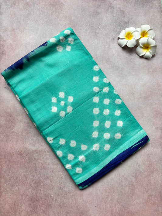 Hand-Knotted Bhandhini Cotton Saree – Teal Blue with Royal Blue (Borderless, With Blouse)