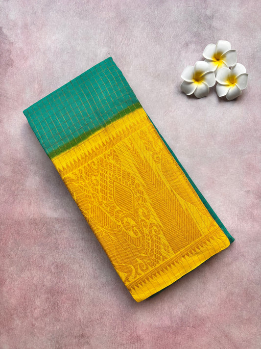 Authentic Sungudi Cotton Saree – Greenish Teal & Lemon Yellow Long Zari Border (With Blouse)
