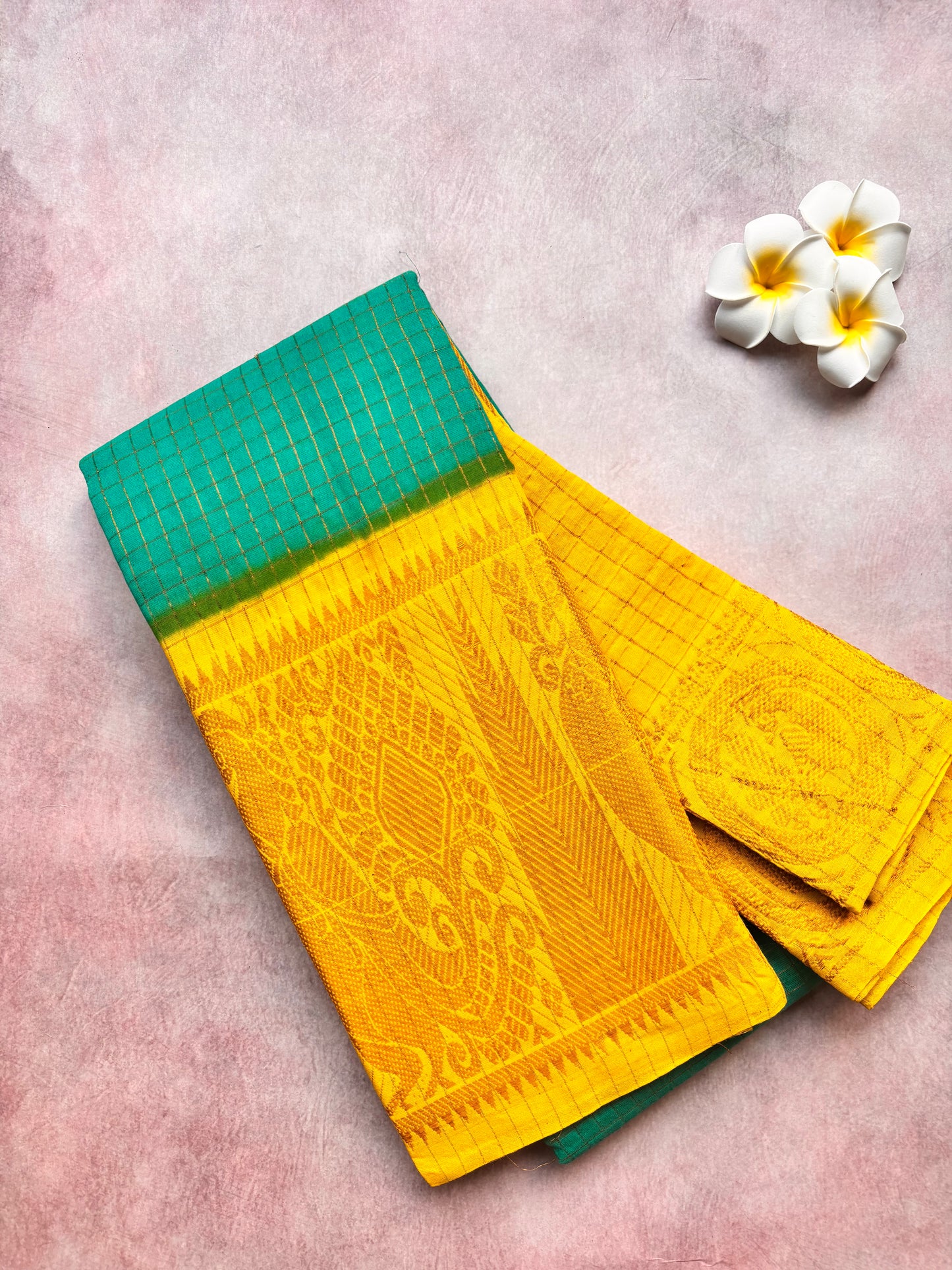 Authentic Sungudi Cotton Saree – Greenish Teal & Lemon Yellow Long Zari Border (With Blouse)