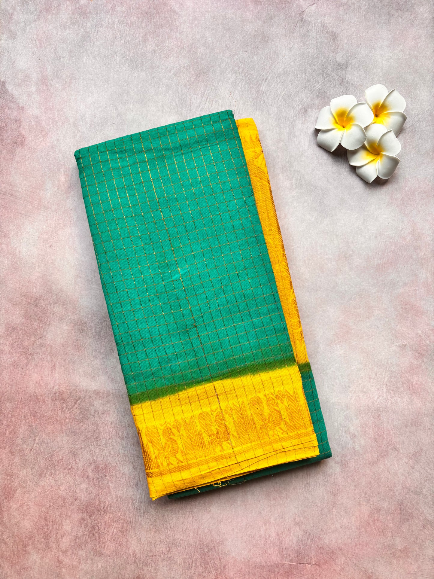 Authentic Sungudi Cotton Saree – Greenish Teal & Lemon Yellow Long Zari Border (With Blouse)