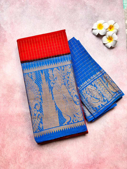 Authentic Sungudi Cotton Saree – Big Maroon Body with Long Blue Border (With Blouse)