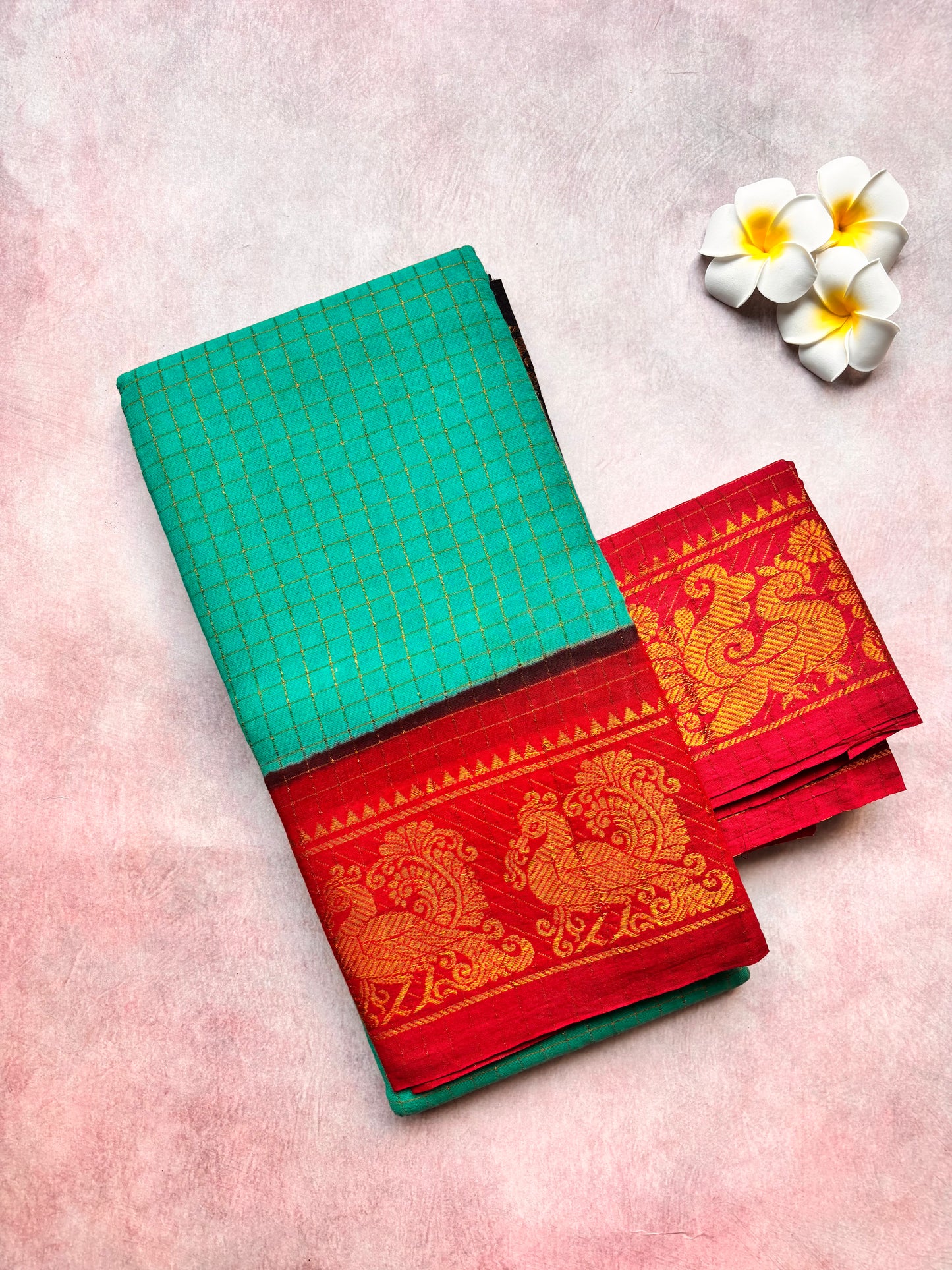 Caribbean Green Sungudi Cotton Saree with Ganga Jamuna Border with  blouse ( black and red) - TLL04